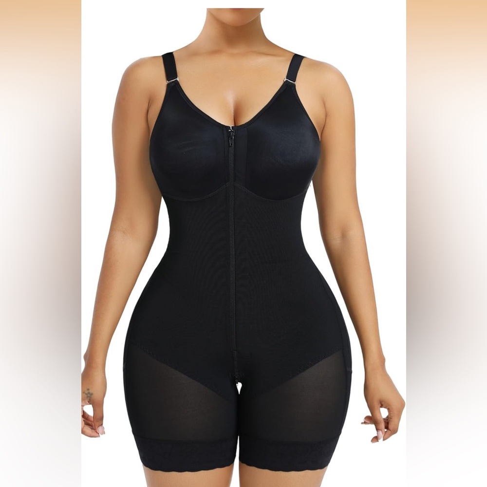 Black Full Body Shapewear Bodysuit with Front Zipper